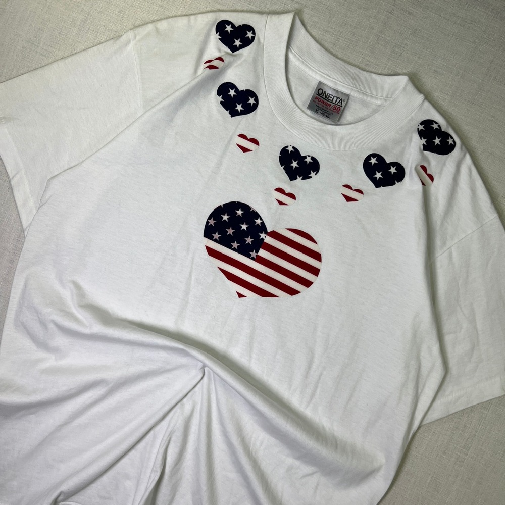 VTG‎ American Flag Hearts T-Shirt Oneita Mens XL White USA Graphic Single Stitch
